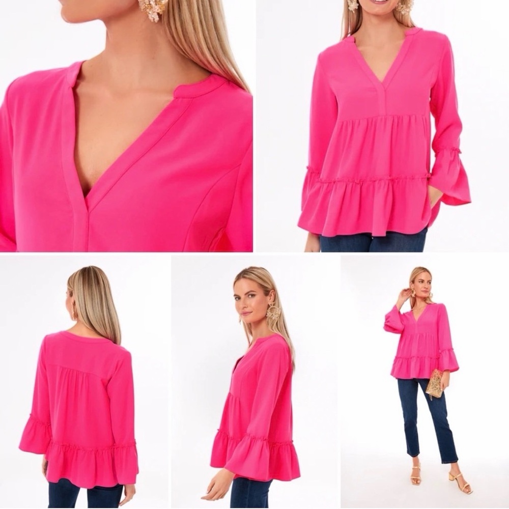 Pomander Place Kenzo Blouse Women's Hot Pink Bell Sleeve Ruffle Pleated Size S